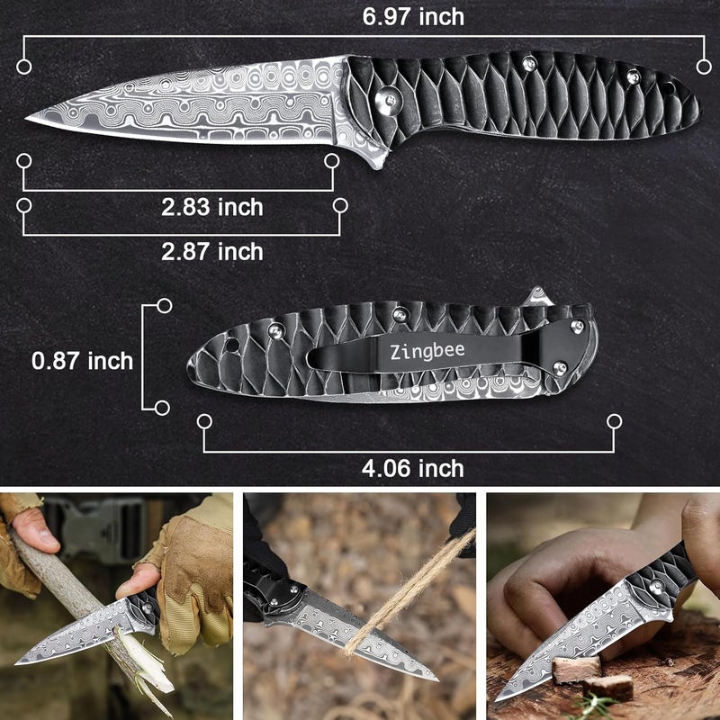 Zingbee Damascus Pocket Knife, 2.87" Damascus Blade Folding Knives with Stainless Steel Handle, EDC Knife for Camping Hiking Hunting Gift - Image 3